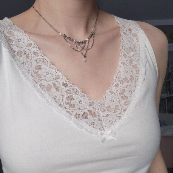 Vintage delicate freshwater pearl and silver chandelier necklace ✦ coastal style - Picture 4 of 7